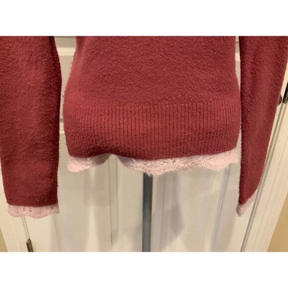 Sleeping on Snow Dark Pink Cowl Neck Sweater W/ Light Pink Crochet Trim, Size L - Picture 8 of 9